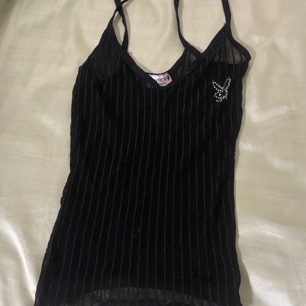 Black Striped Women's Top playboy Y2K vintage